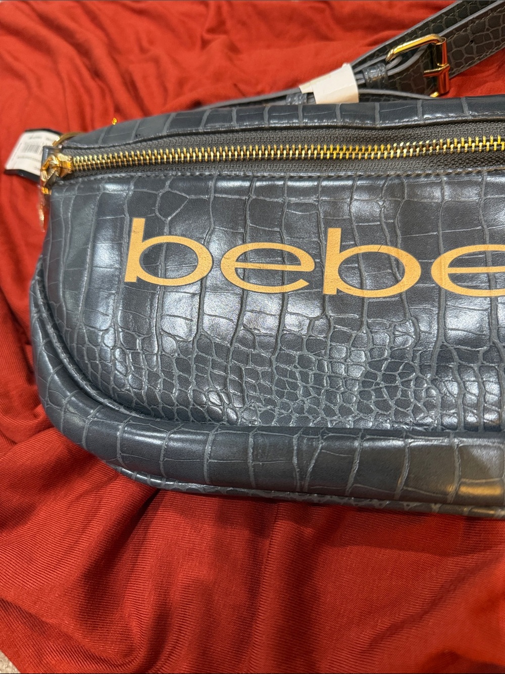 bebe Black Croc-Embossed Logo Crossbody with Gold Accents
